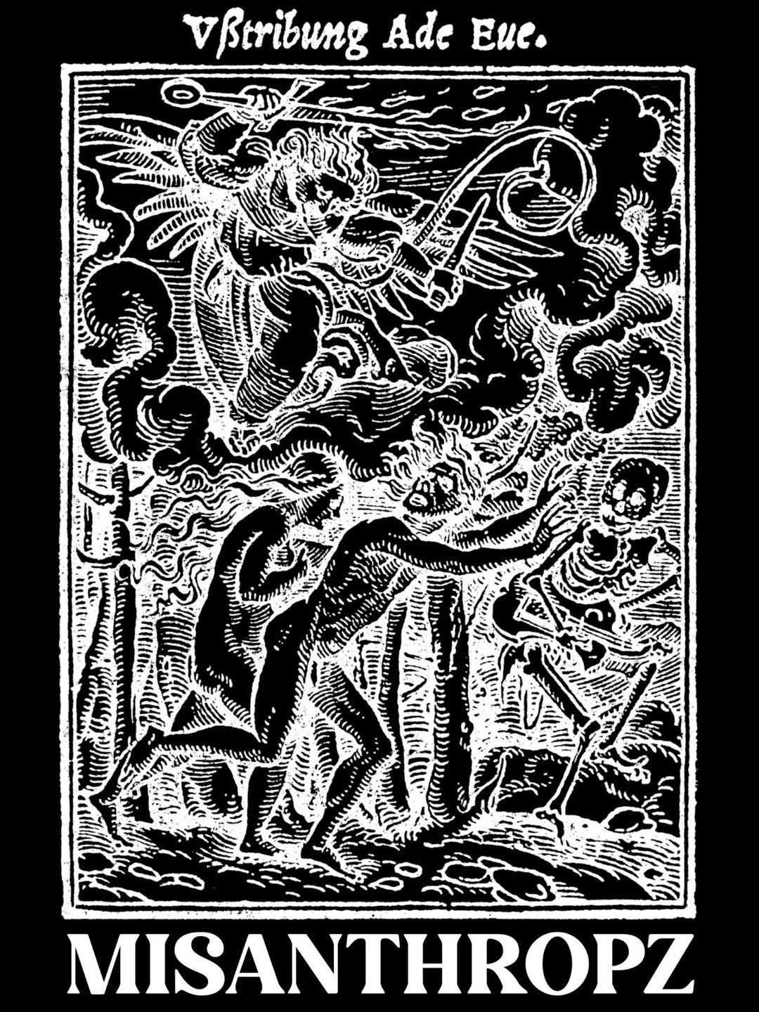 Schwarz-weißes MSNTRPZ Artwork im Stil eines alten Holzschnitts: Ein Engel vertreibt Adam und Eva aus dem Paradies, während der Tod sie empfängt. Symbol für Schuld, Vergänglichkeit und Neuanfang – ikonisches Motiv der MSNTRPZ Streetwear-Kollektion.